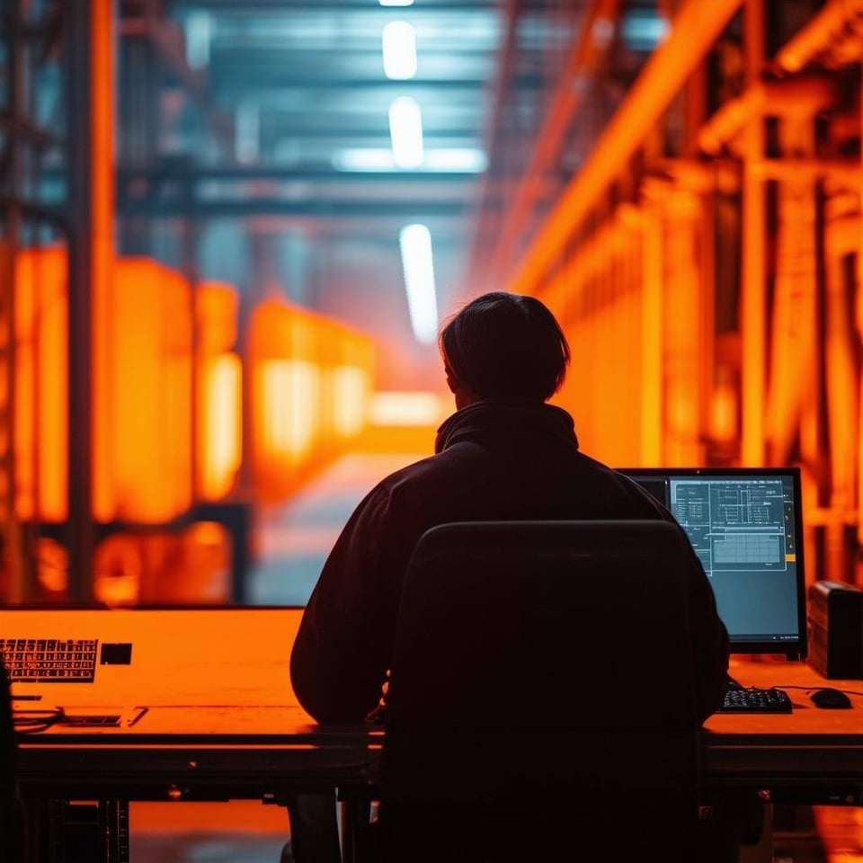 image of person working in the industry sector, from a distance, with discrete colour orange in the bakground, working with a computer-1