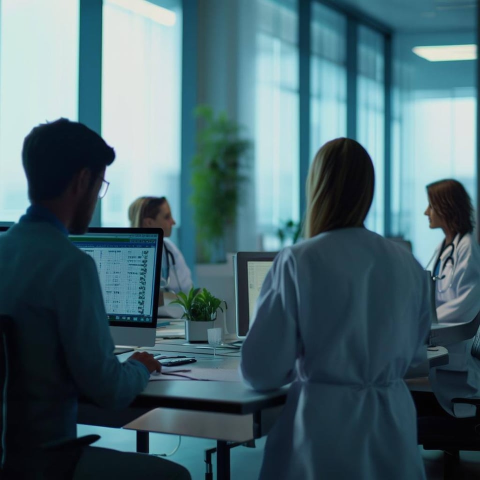 persons working in health care industry, in a meeting room, with computers, from a distance