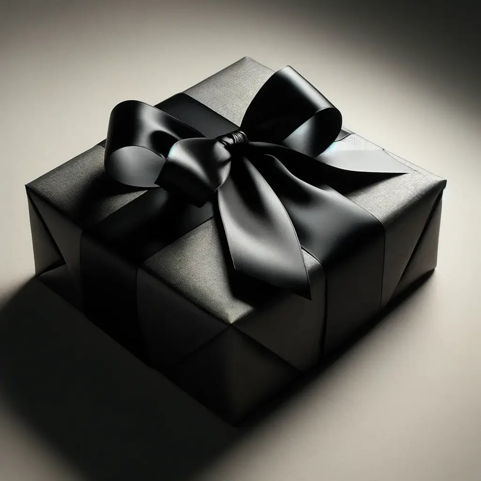 DALL·E 2024-04-24 16.32.41 - A luxurious single gift package with an elegant black ribbon. The package is wrapped in a sophisticated, textured paper that adds depth and interest t (1)