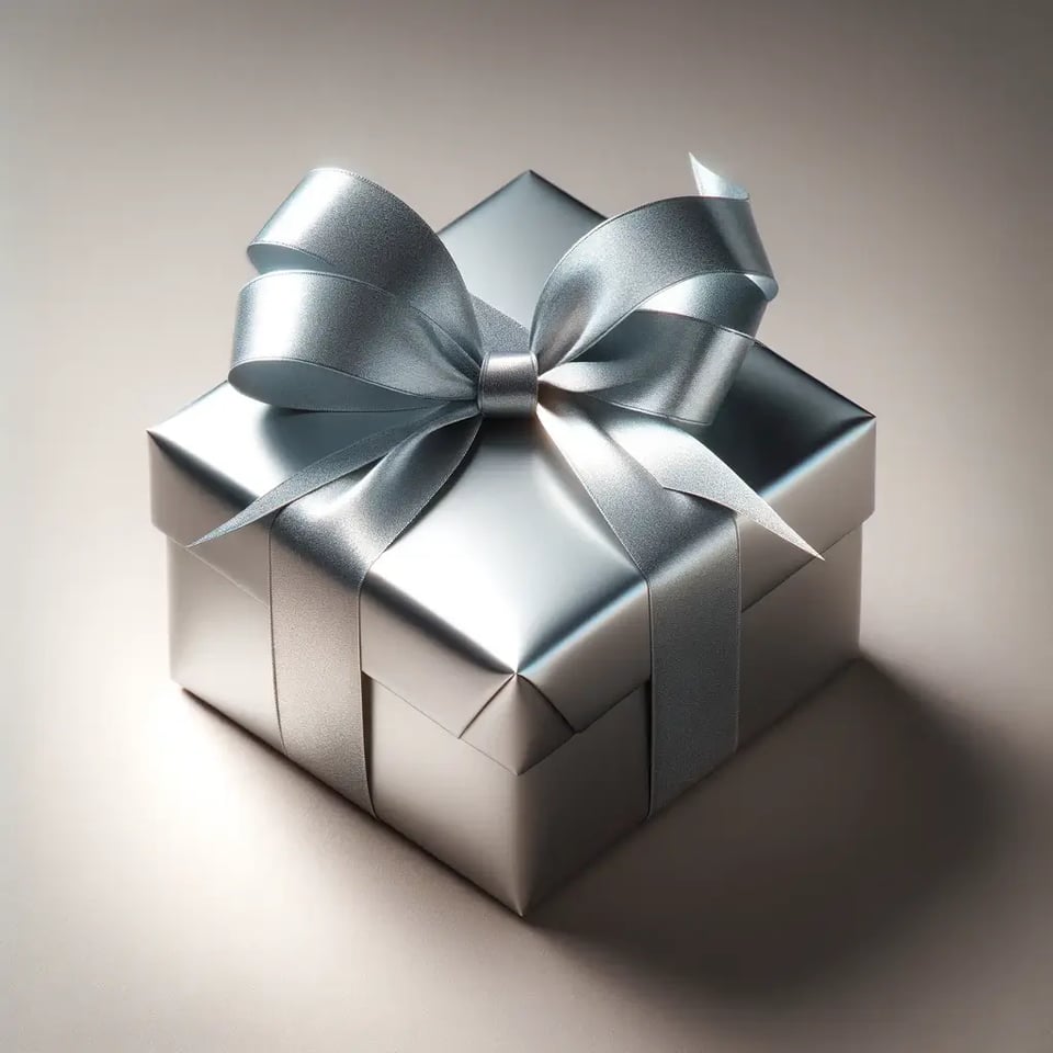 DALL·E 2024-04-24 16.33.08 - A single gift package elegantly wrapped with a silver ribbon. The package is covered in high-quality, smooth paper that complements the metallic sheen (1)
