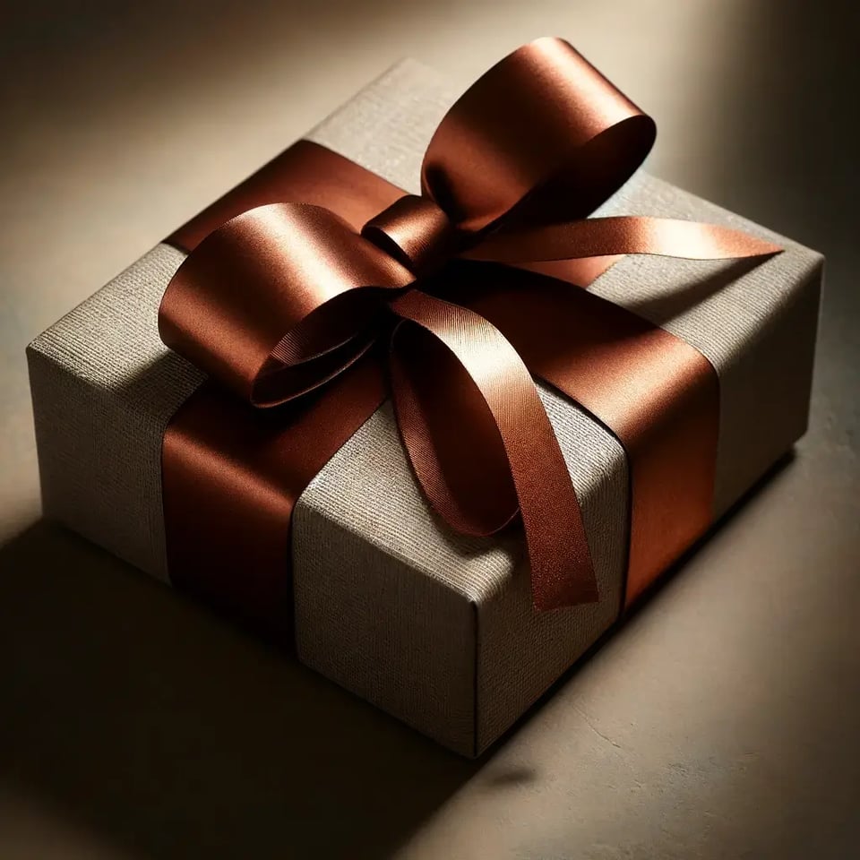 DALL·E 2024-04-24 16.34.24 - A sophisticated single gift package wrapped with a bronze ribbon. The wrapping paper is a high-quality, subtly textured material in a muted tone, perf (1)
