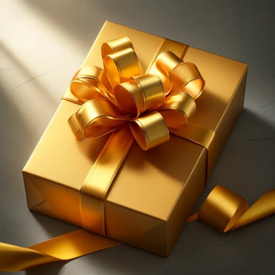 DALL·E 2024-04-24 16.34.59 - A luxurious single gift package with a ribbon that has a more vibrant yellow-gold color. The wrapping paper is of high quality with a smooth finish, p (1)