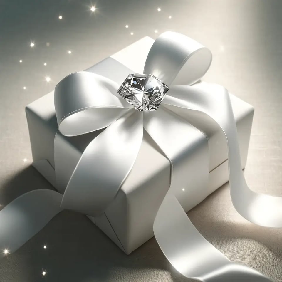 DALL·E 2024-04-24 16.35.38 - A single gift package exquisitely wrapped with a diamond-white ribbon. The package is elegantly wrapped in a high-quality, smooth paper that enhances  (1)
